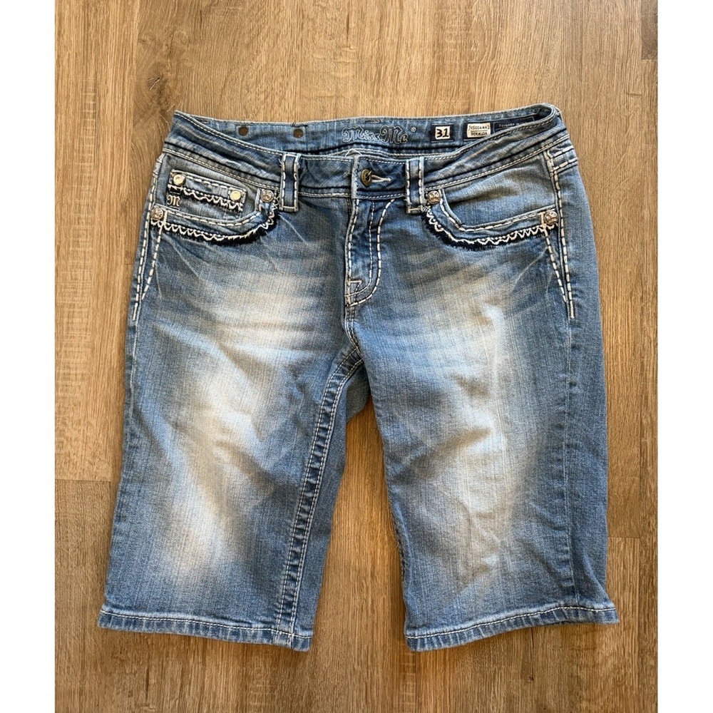 Miss Me Blue Denim Bermuda Shorts Rhinestone Embellished Flap Pockets Size 31
